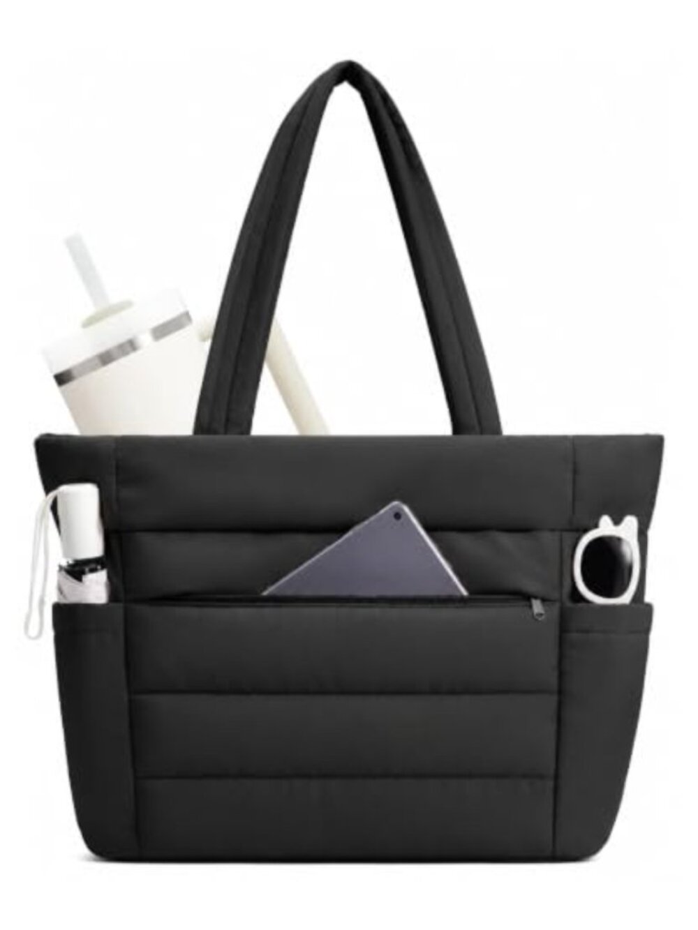 Quilted Puffer Tote Bag for Women with Cup Holder & Laptop Sleeve